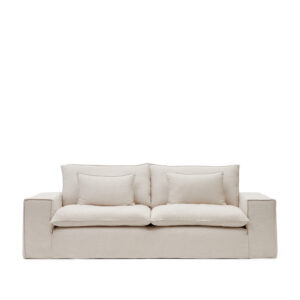 KAVE HOME Anarela 3-sits soffa med avtagbart klädsel och beige linnekuddar, 280 cm