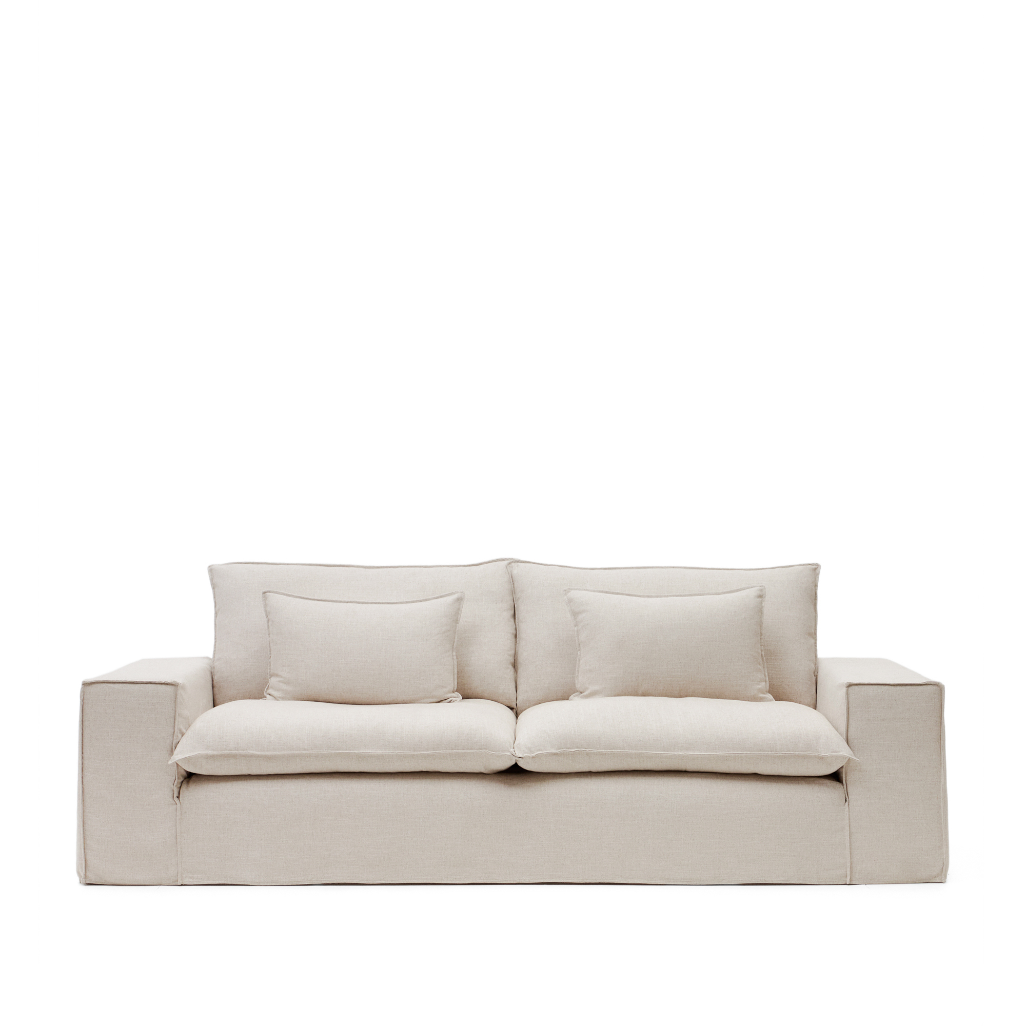 KAVE HOME Anarela 3-sits soffa med avtagbart klädsel och beige linnekuddar, 280 cm