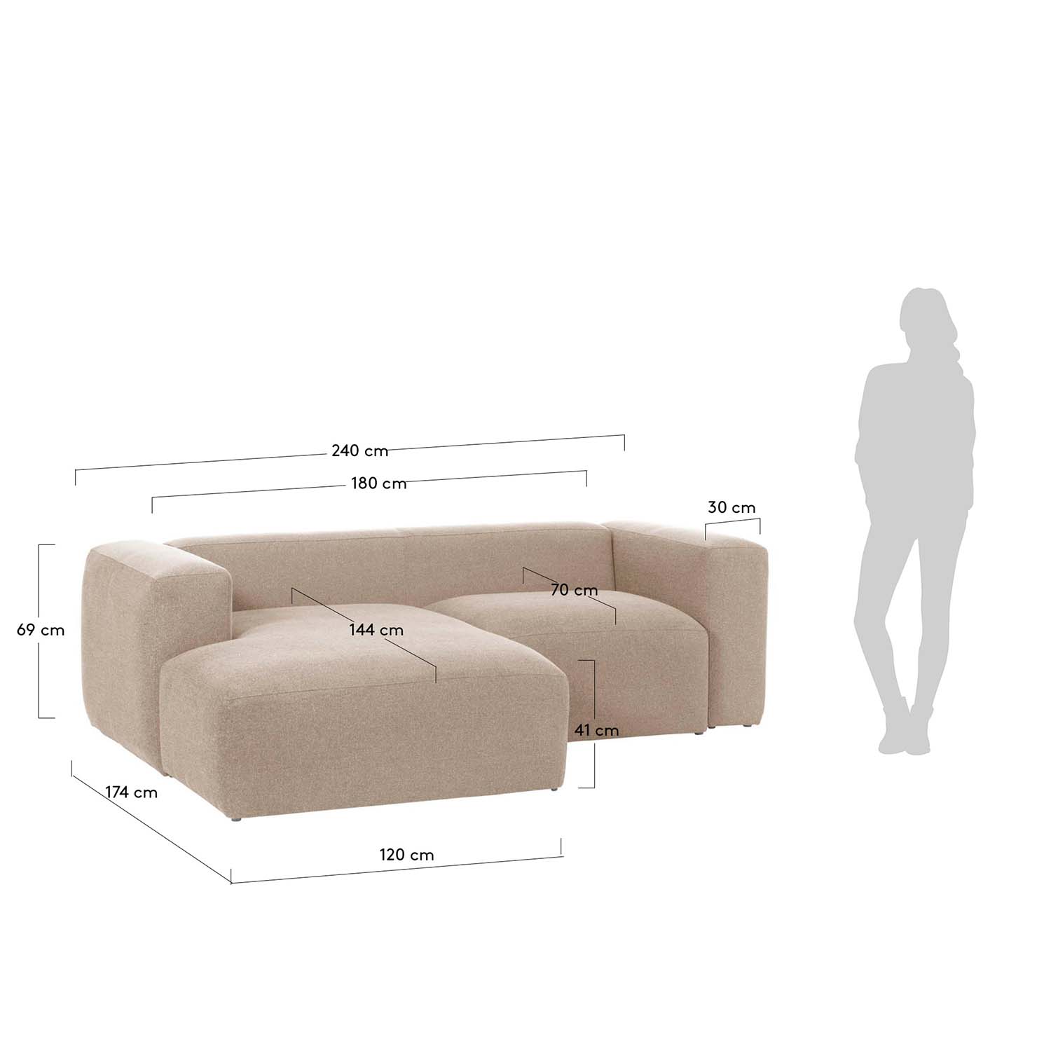 KAVE HOME Blok Soffa, med Vänster Schäslong - Beige Polyester och Stål
