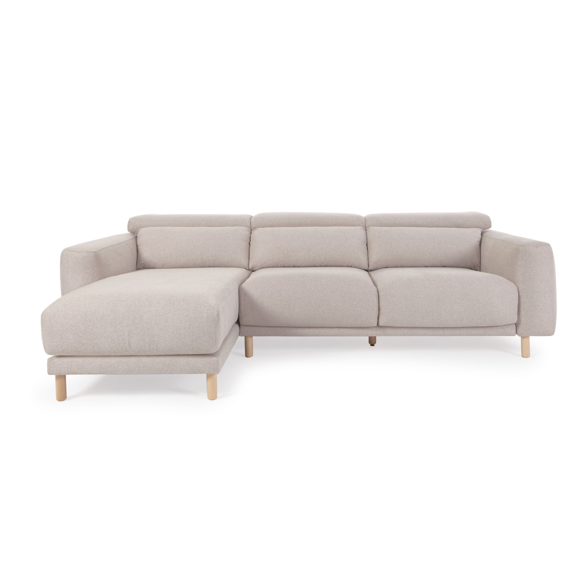 KAVE HOME Singa 3-personers soffa, med vänster schäslong - beige tyg och naturligt bokträ