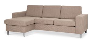 Pan set 1 3D-soffa med schäslong - antilop beige polyestertyg och borstad aluminium