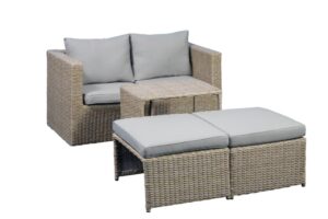 Modulär utomhusloungegrupp, med 1 soffa, 1 bord, 2 pallar, beige tygkuddar - brun PE-rotting (set om 5)