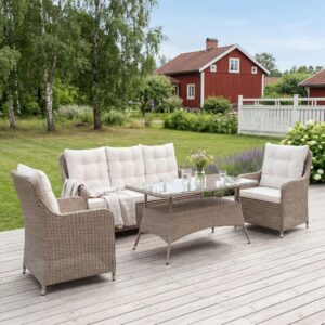 Loungegrupp utemöbler | Beige konstrotting | Rögrund