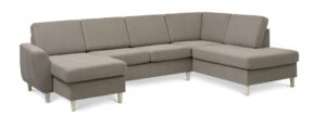 Wendy set 5 U OE höger soffa, m. schäslong - antilop beige polyestertyg och naturligt trä